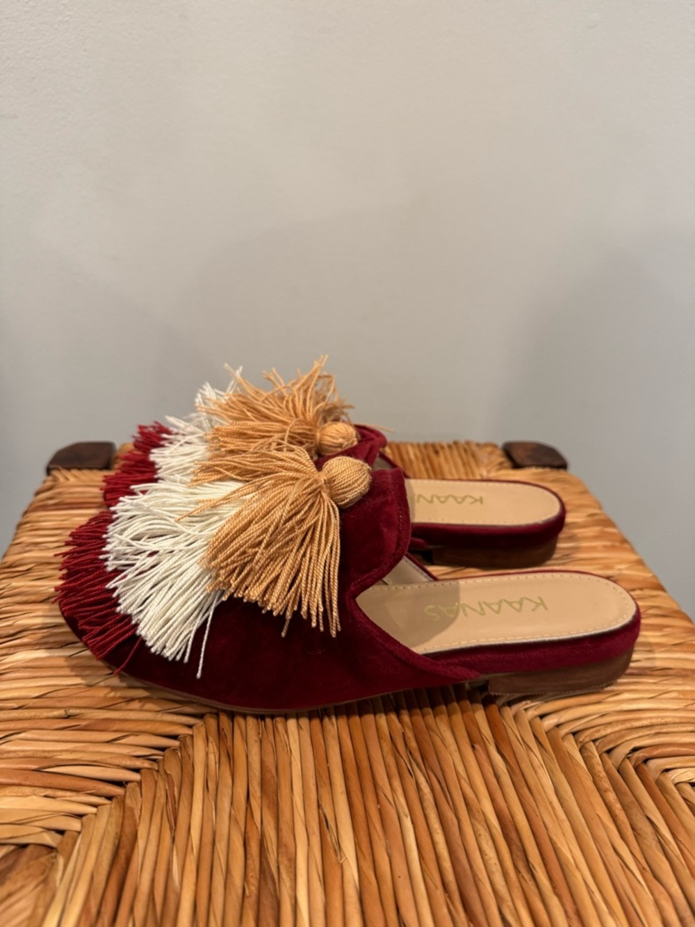 Kaanas Burgundy Suede Tassel Slide Mules with Cream & Tan Accents size 6